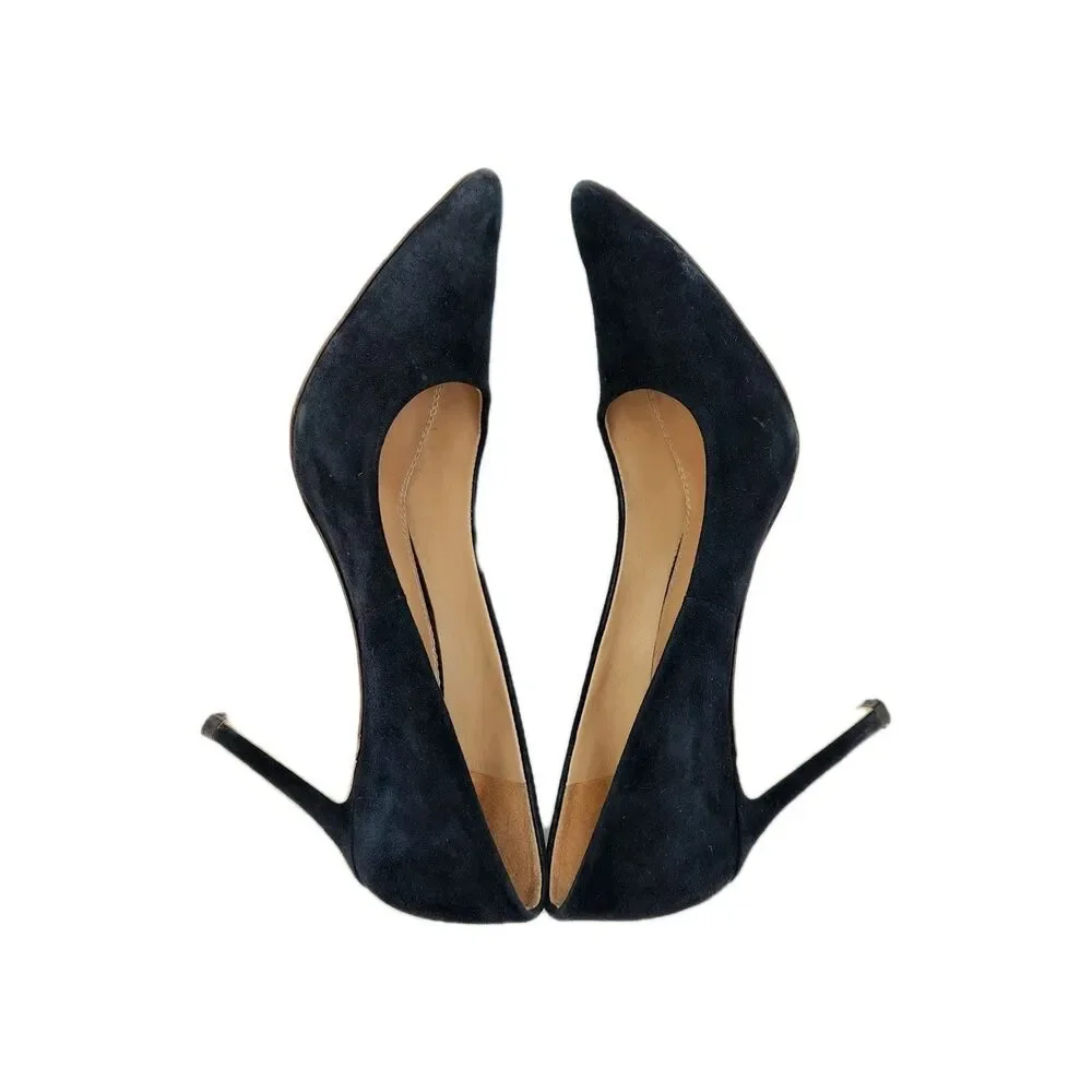Tory Burch Lanette Black Suede Heels Gold Double T Accent Stiletto 8M Minimalist